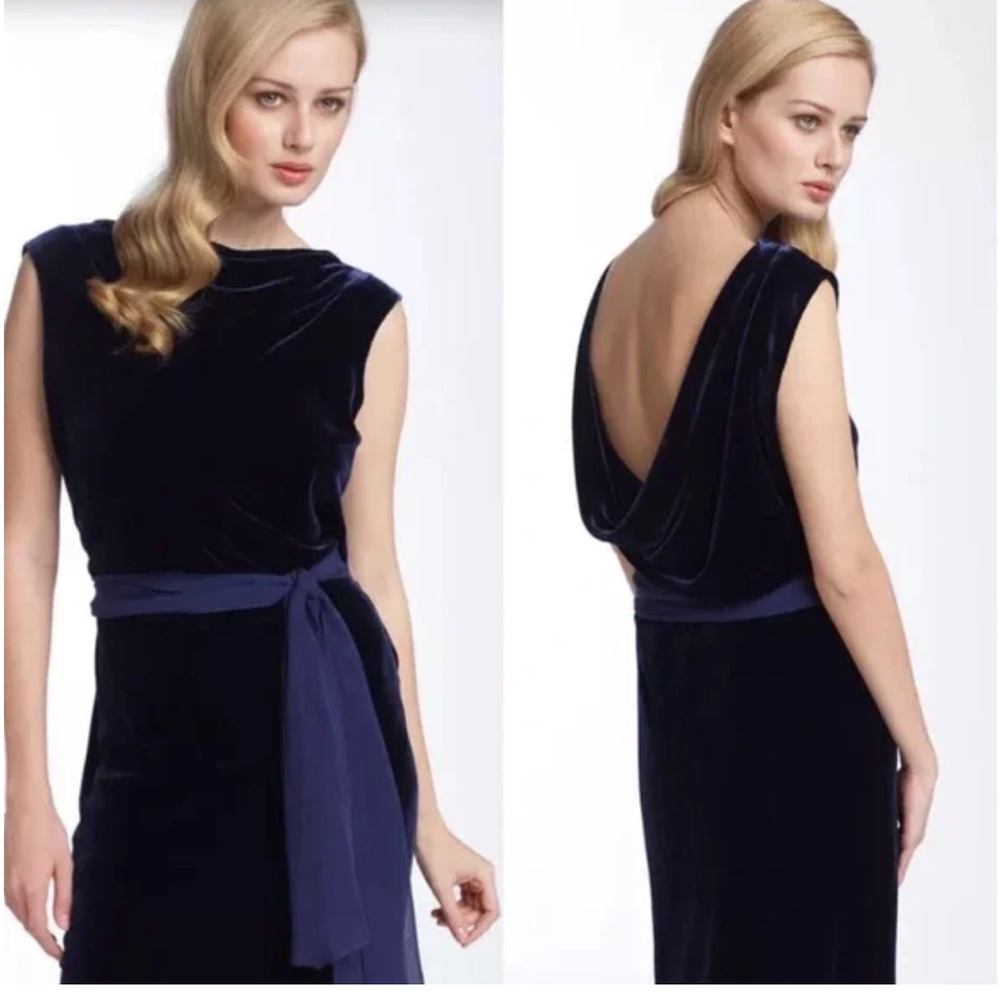 BCBGMaxAzria Cowl Back navy crushed velvet cocktail dress size M